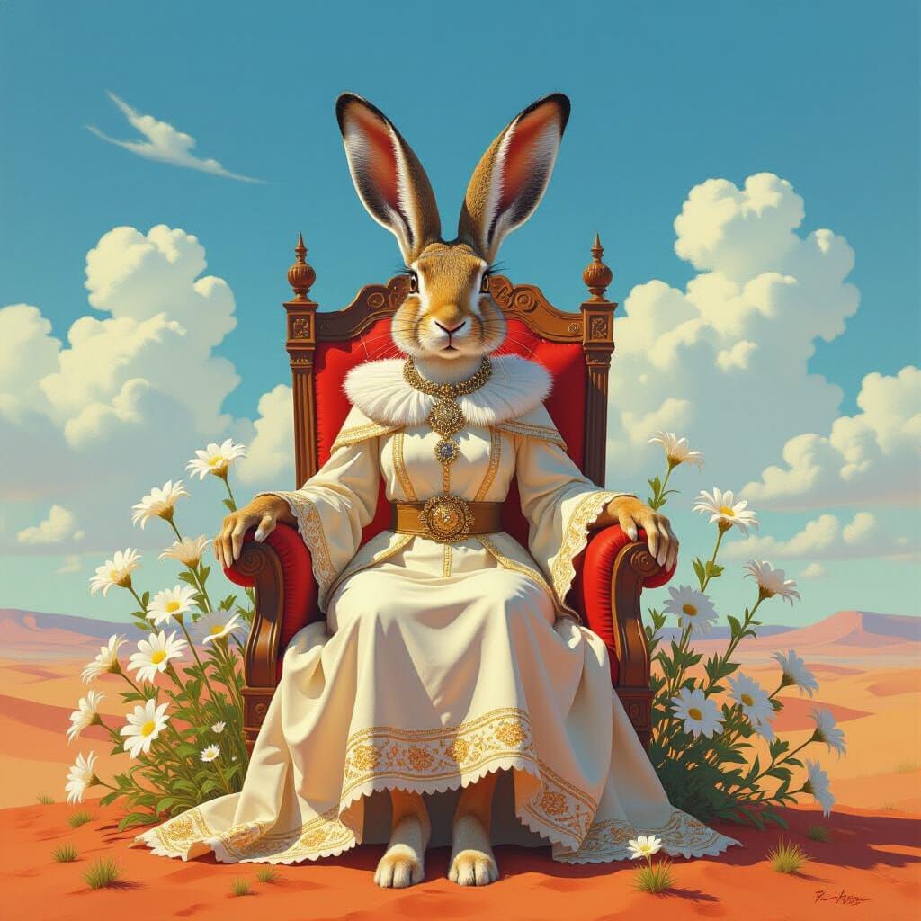 Regal Hare Queen on Red Earth Under Blue Skies