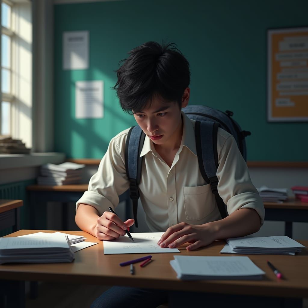Anxious Student Rearranges Papers in Classroom Scene