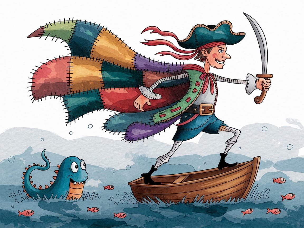 Cartoon Pirate and Kraken in Watercolour Style