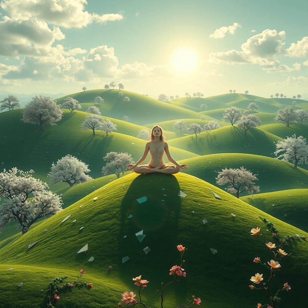 Dreamlike Landscape with Shattered Mirrors and Meditating Wo...