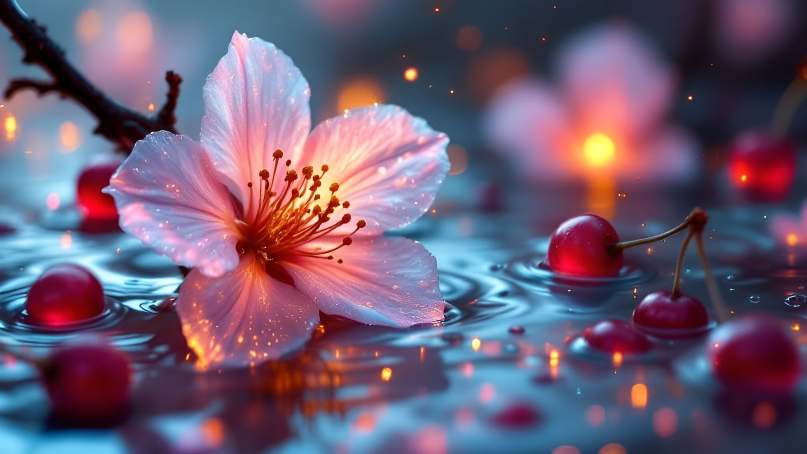 Glowing Cherry Blossom and Fruit in Surreal Style