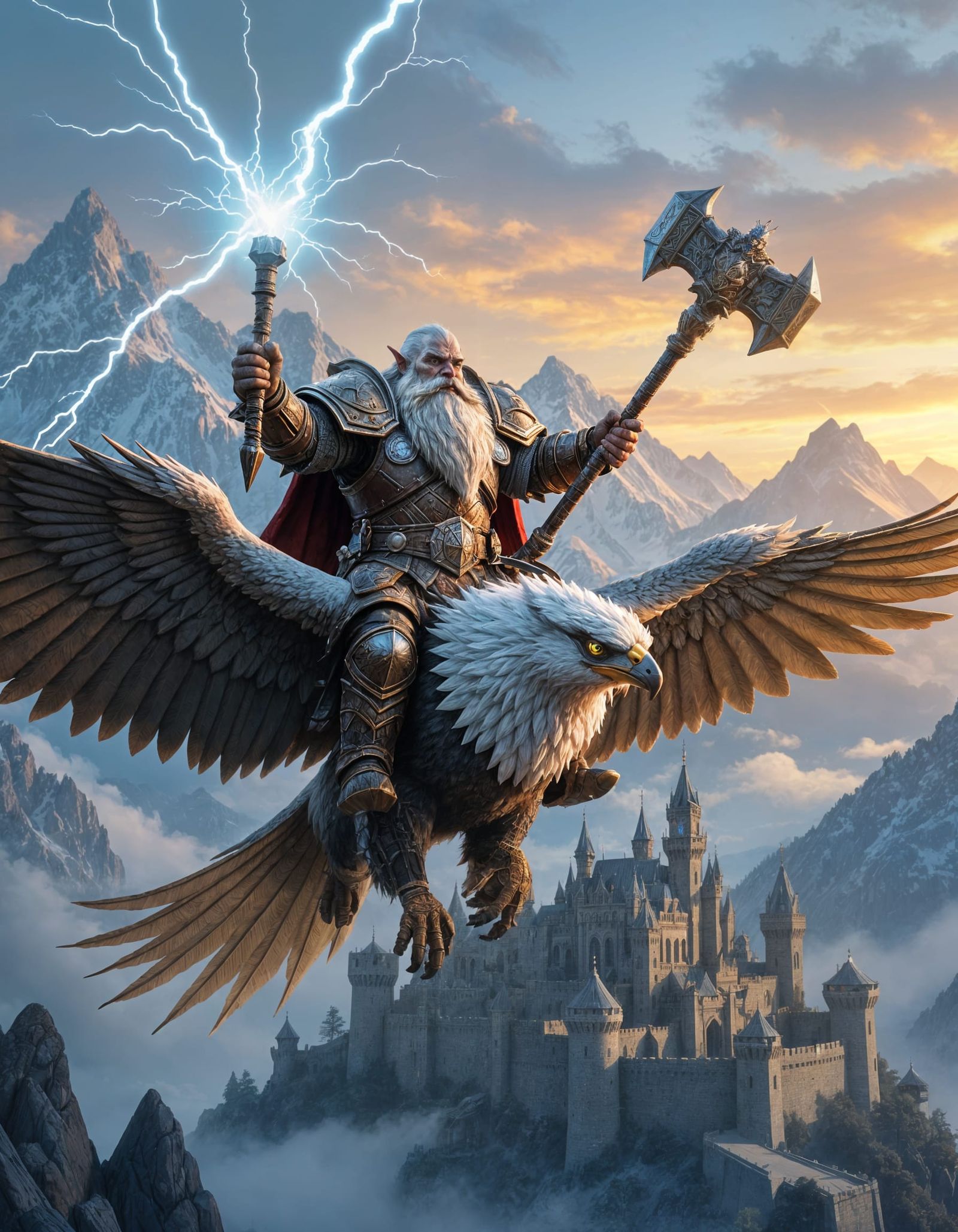 Dwarf Warrior on Griffin Above Castle at Dawn