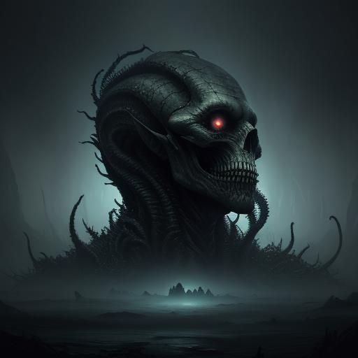 Eldritch Creature Portrait in a Dark, Misty Environment