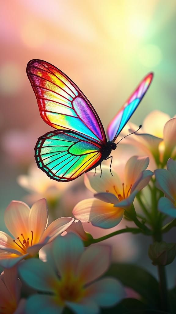 Rainbow Butterfly and Emerald Flowers in Digital Art