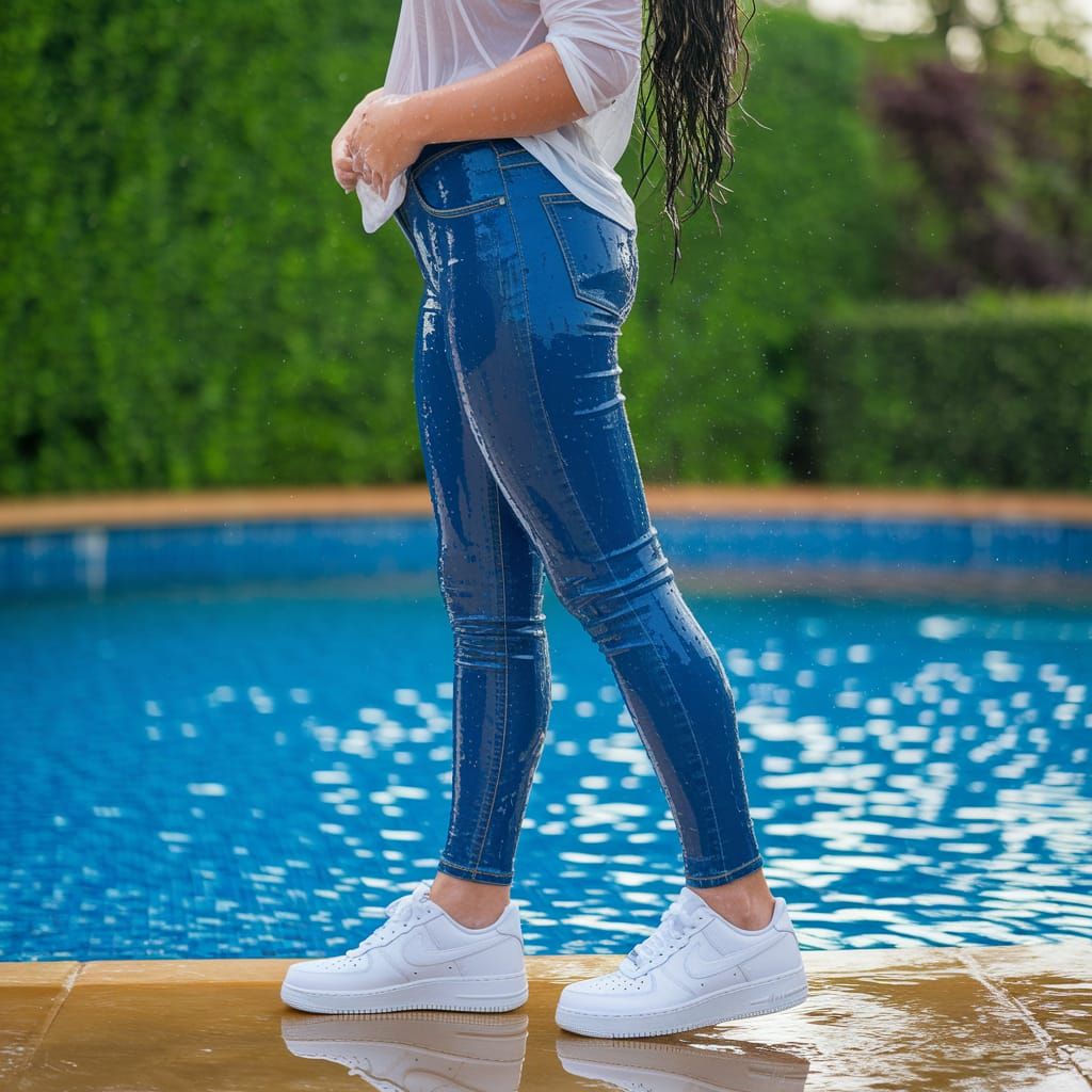 College Girl's Refreshing Poolside Moment in Drenched Denim ...