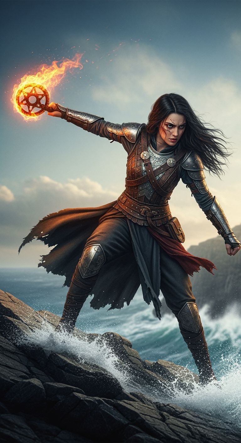 Warrior Woman with Fiery Chakram on Cliffside