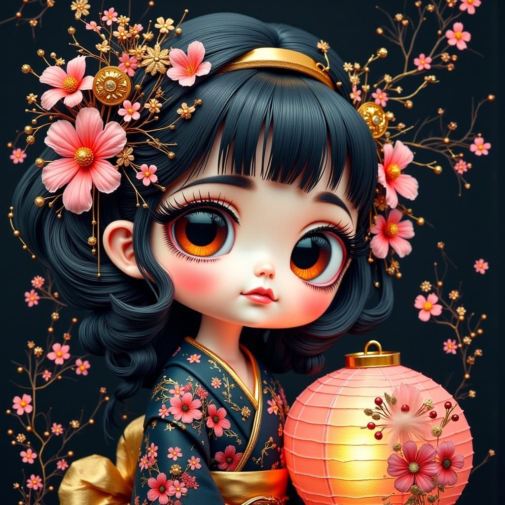 Chibi Japanese Girl with Glowing Lantern in Watercolor Style