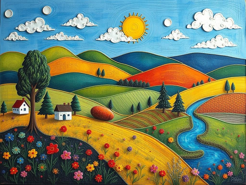 Colourful Naive Art Landscape in Mixed Media