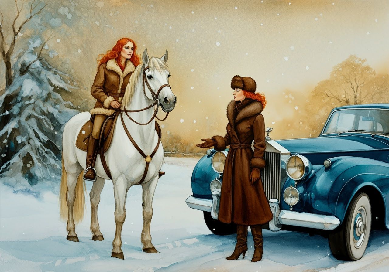 Equestrian Encounter on Snowy Road: Impressionistic Ink Pain...