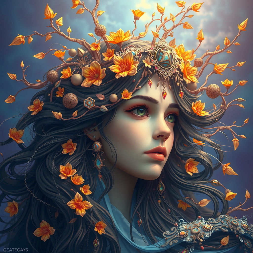 Ethereal Girl Ensnared in Whirling Vines Amidst Celestial Hu...