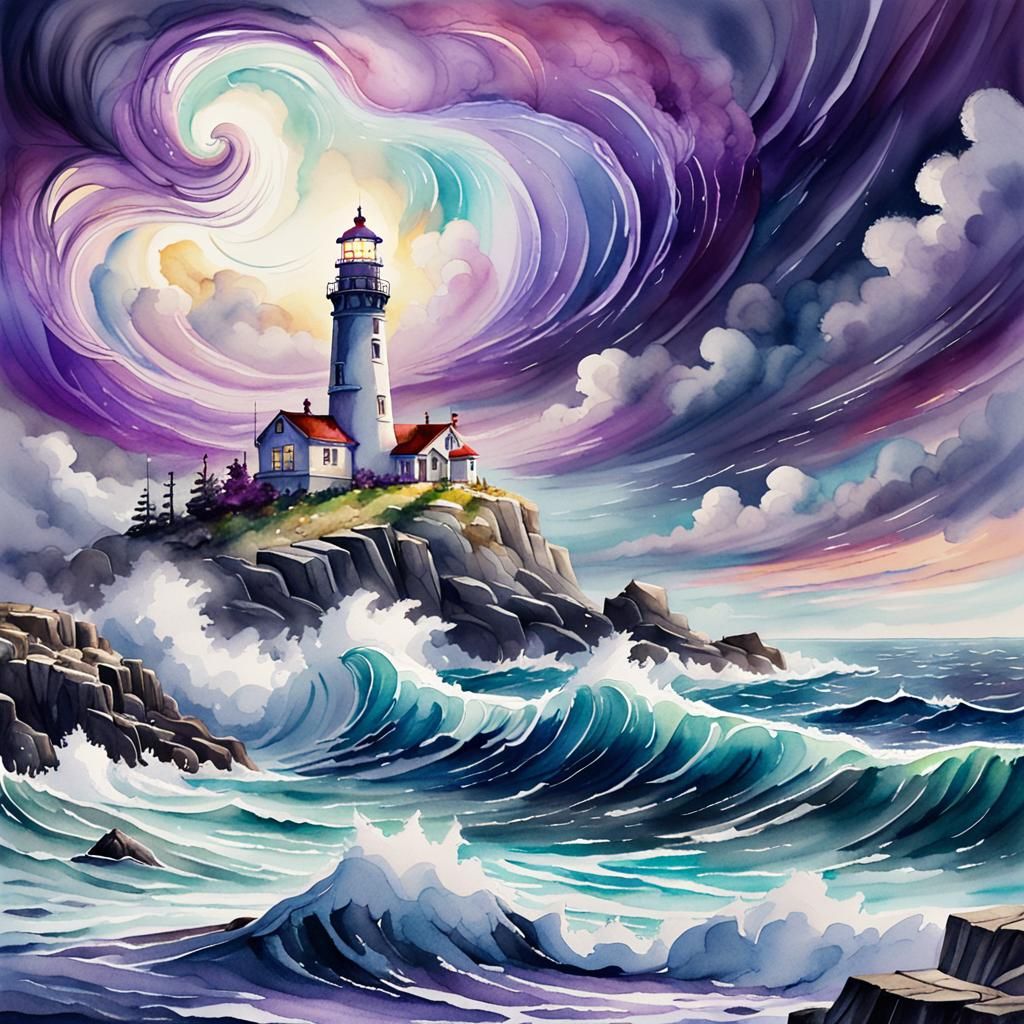 Fantasycore Lighthouse in Stormy Seas: Watercolor Painting