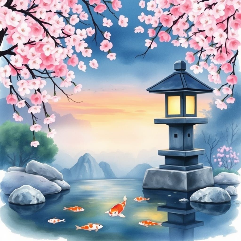 Twilight Japanese Garden with Cherry Blossoms as Watercolor