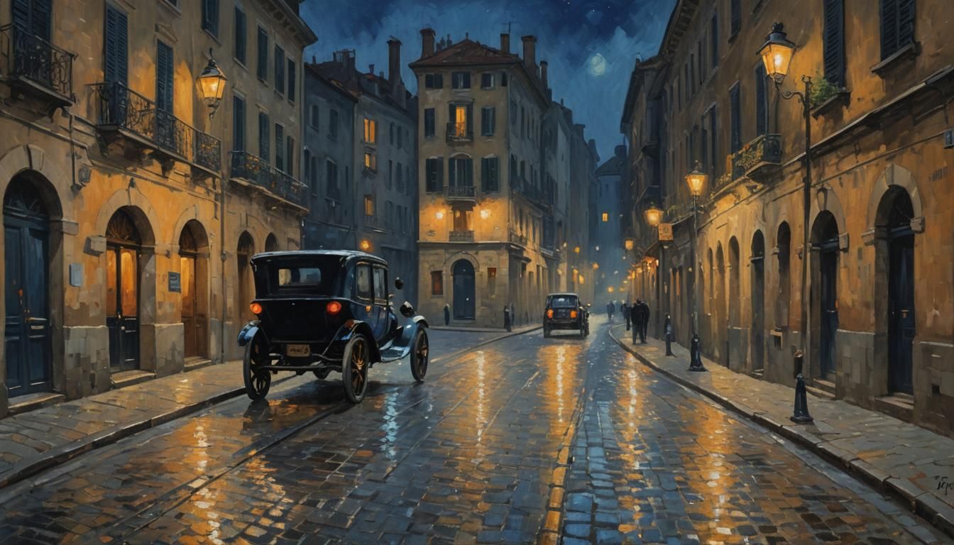 Italian City Nocturne in Impressionist Style