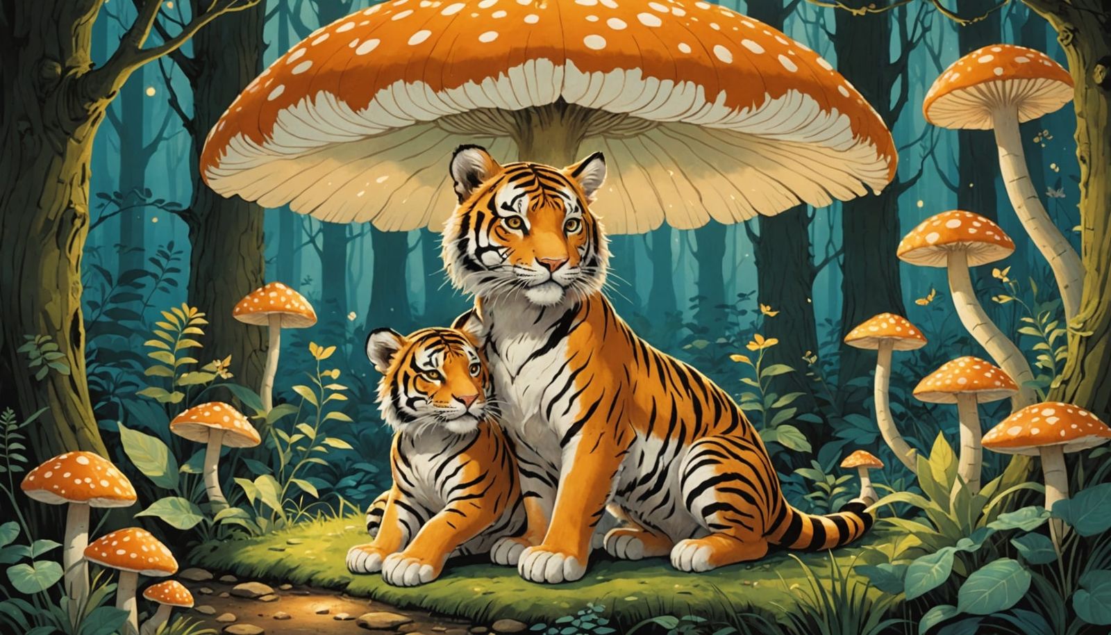 Kind Tigers Embrace in Magical Forest