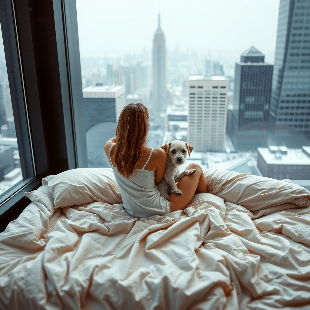 Cozy Morning: Woman and Dog in Winter Cityscape