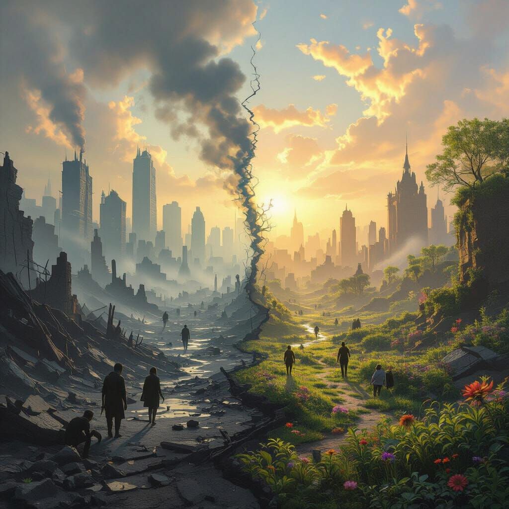 Dystopian Decay Meets Utopian Paradise in Surreal Landscape