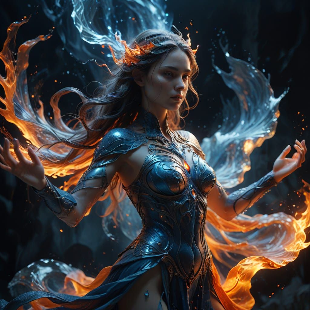 Goddess of Ice and Fire: Marble Sculpture with Elemental Mis...