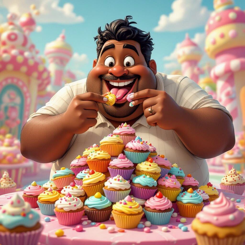 Whimsical Cartoon Man Enjoys Sweet Cupcakes