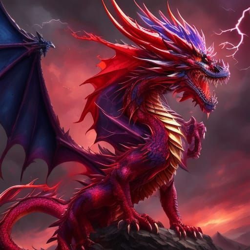 Fearless Fire Dragon in Red-Purple Sky