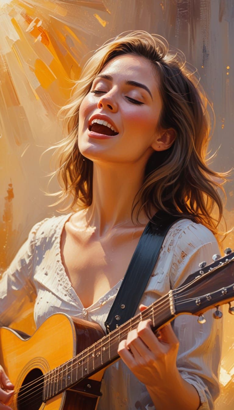 Woman Singing with Guitar in Vibrant Oil Painting