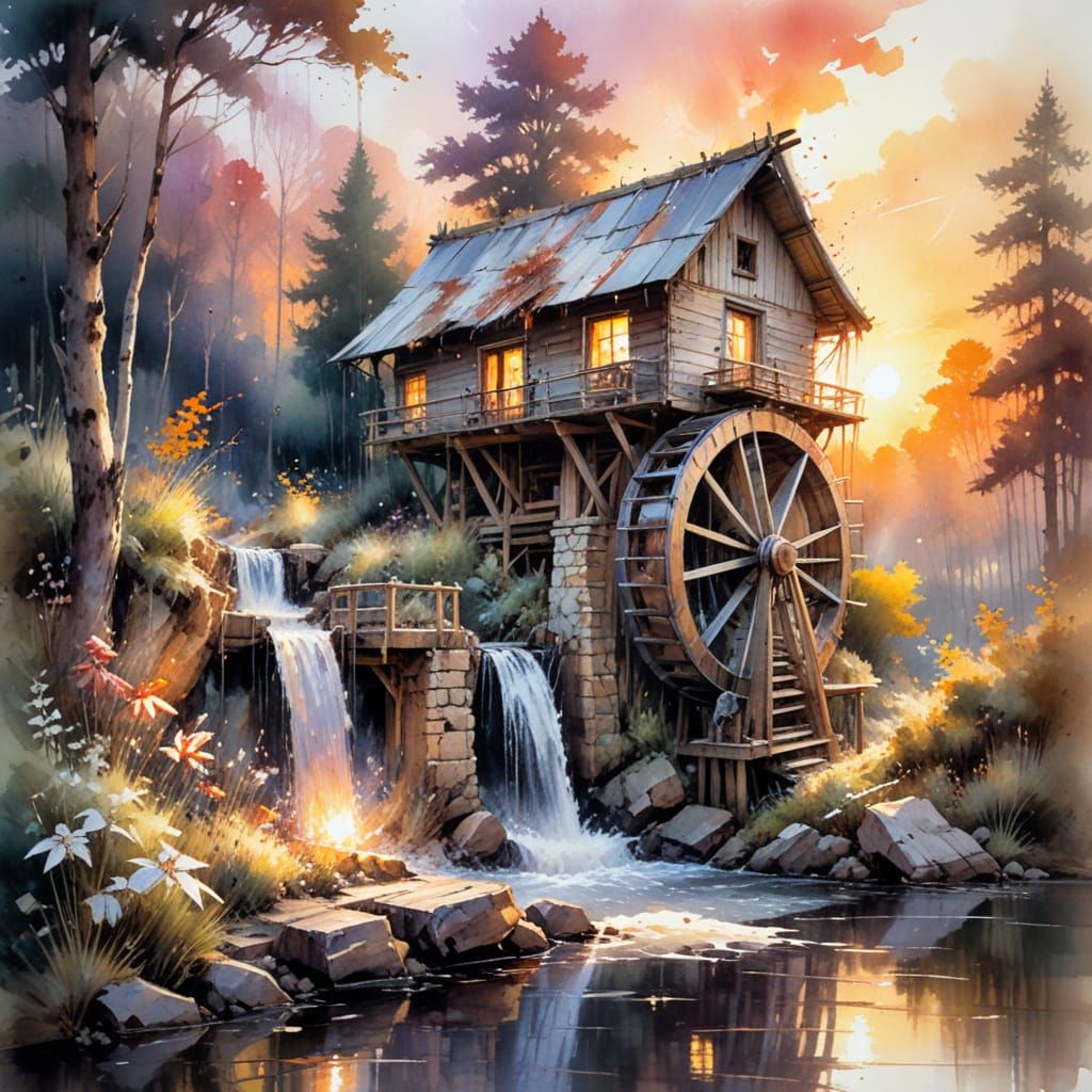Rustic Waterwheel at Sunset in Watercolour Style