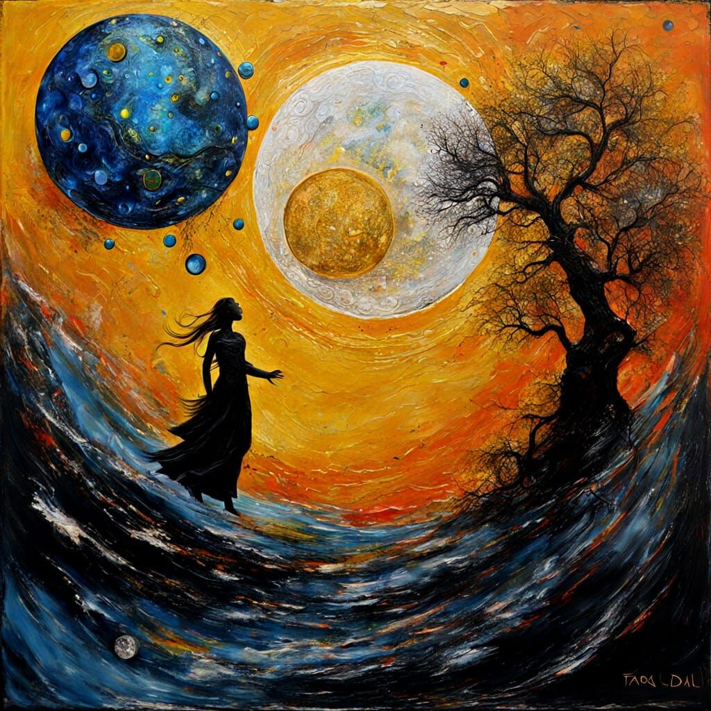 Sun and Moon Dance in Solar System Encaustic Painting