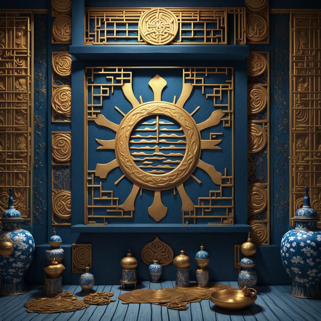 Golden Reiki Symbol on Blue Japanese Temple Wall