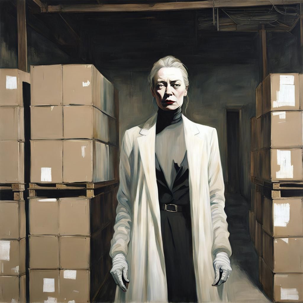 Ethereal Businesswoman in Warehouse, Watercolor Style