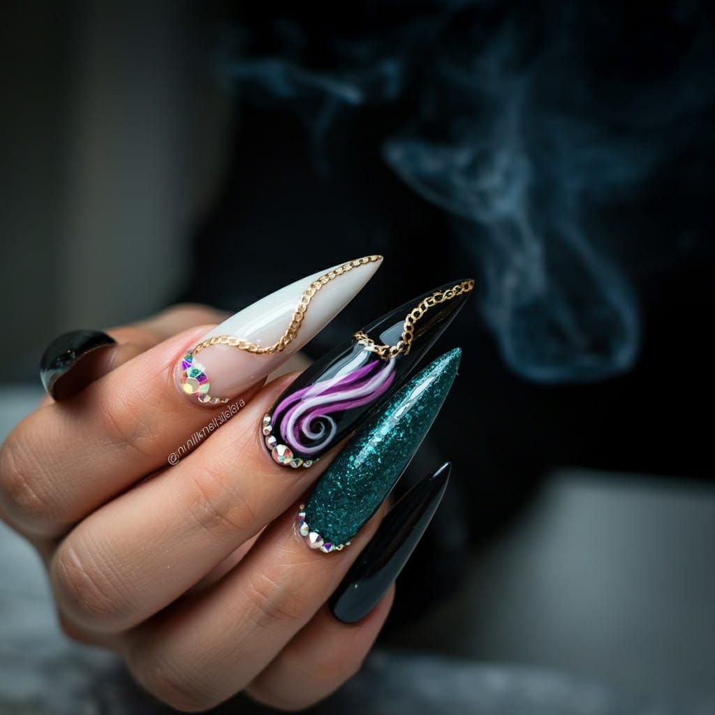 Edgy Stiletto Nails with Biomechanical Nail Art