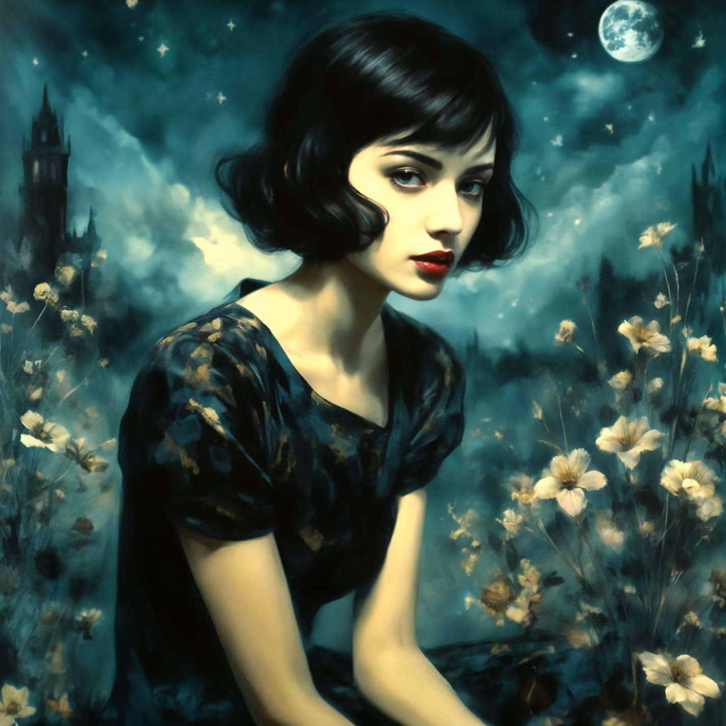 Elegant Noir Woman in Charcoal Painting Style