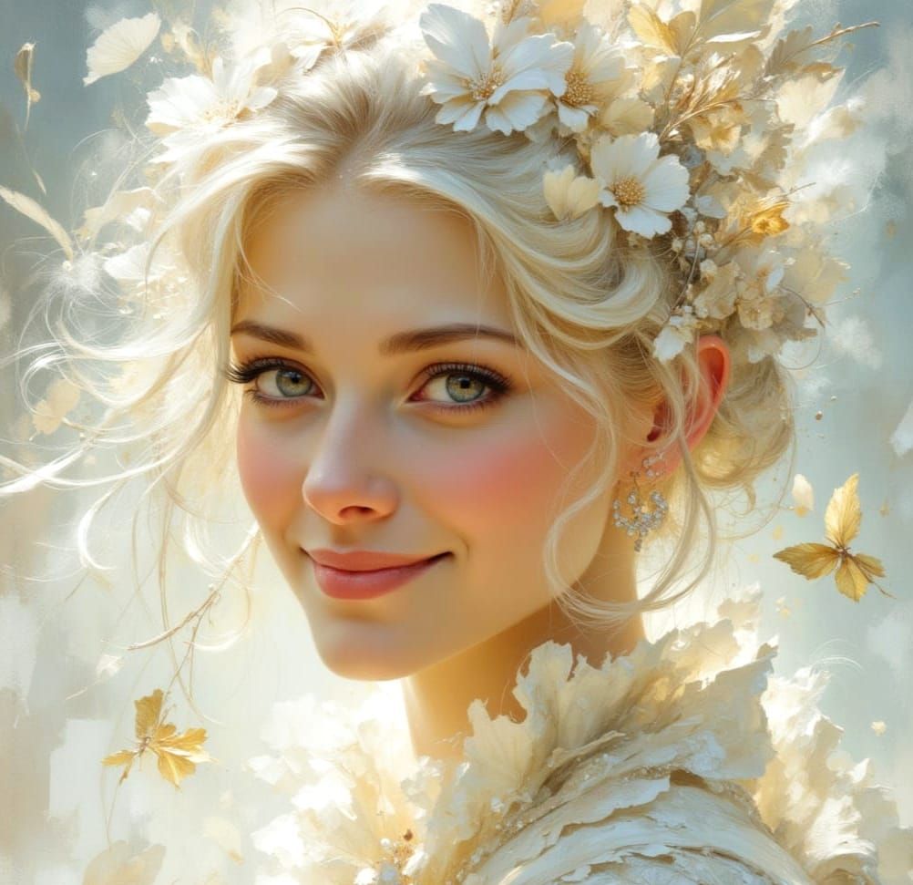 Romantic Era Lady with White Hair and Feathers