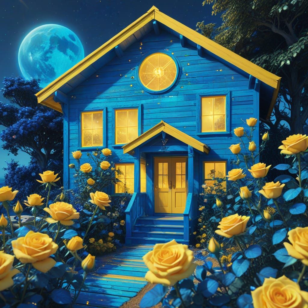 Cosmic Beach Cottage with Glowing Roses in Pastel Hues