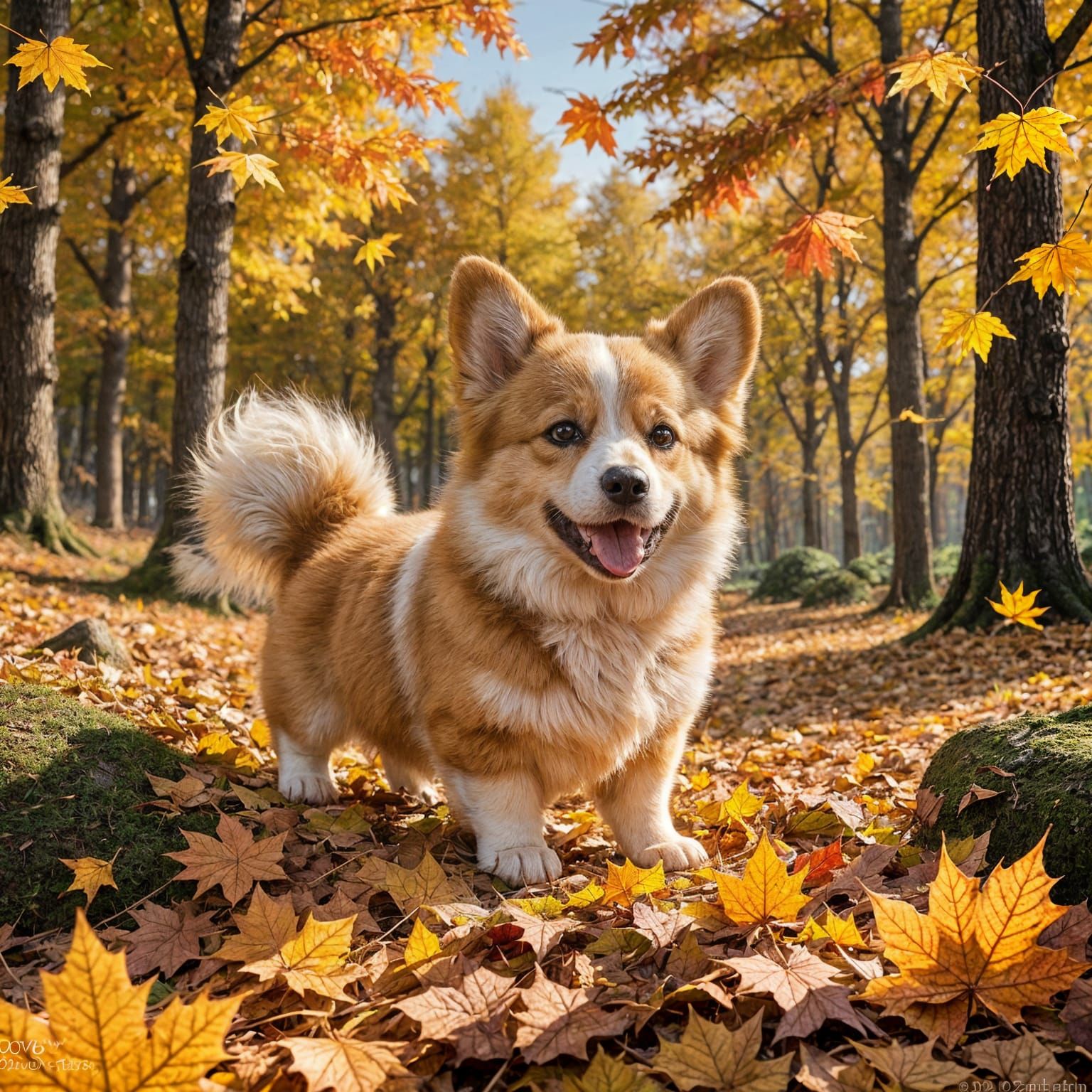 Fluffy Corgi Puppy Jumps into Autumn Leaves