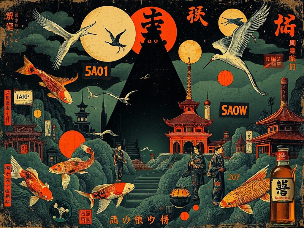 Surreal Japanese Collage in Noir, Vintage Poster Style
