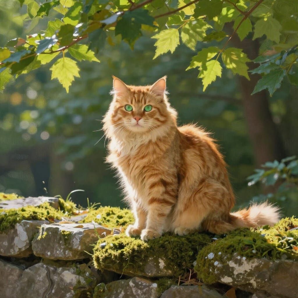 Fluffy Ginger Cat in Sunlit Forest, Impressionist Style