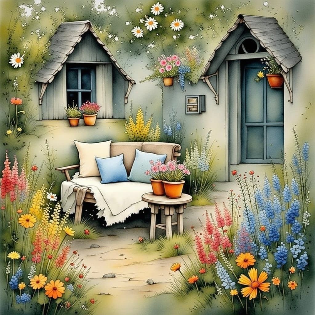 Whimsical Garden Seating Area in Storybook Style
