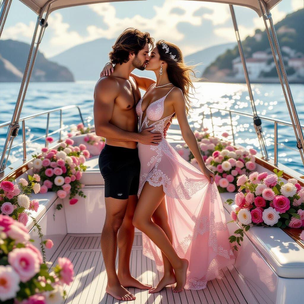 Romantic Couple Kissing on Flower-Filled Yacht in Ethereal G...