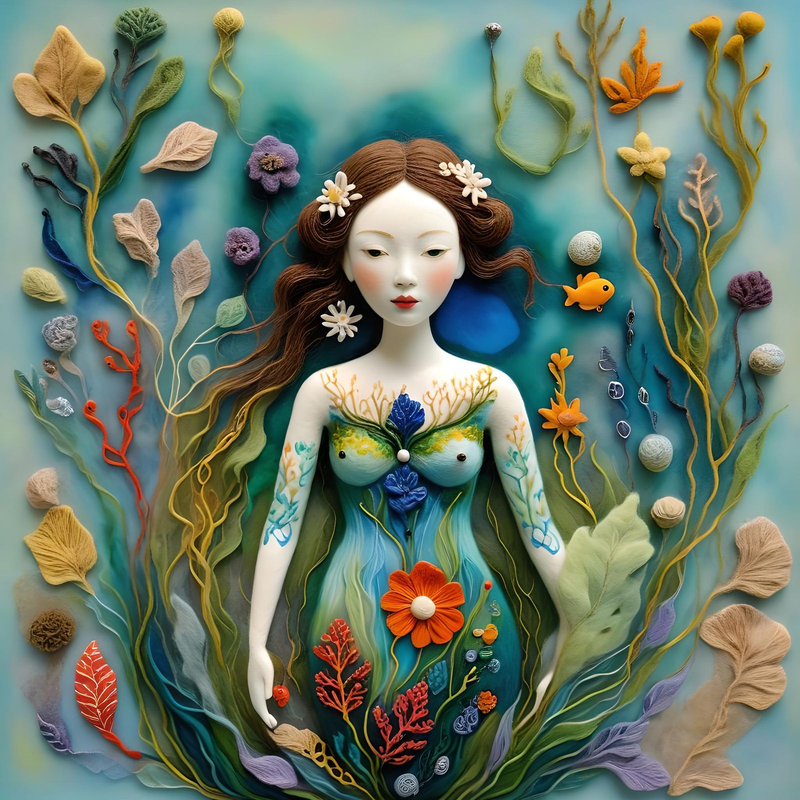 Needle-Felted Woman Underwater in Cloisonnism Style