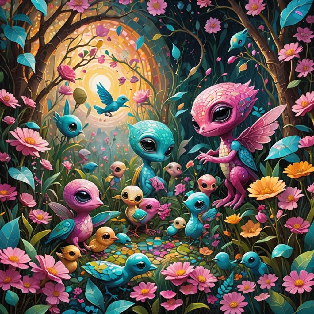 Cute Alien Babies in a Pink Garden as Mosaic Art