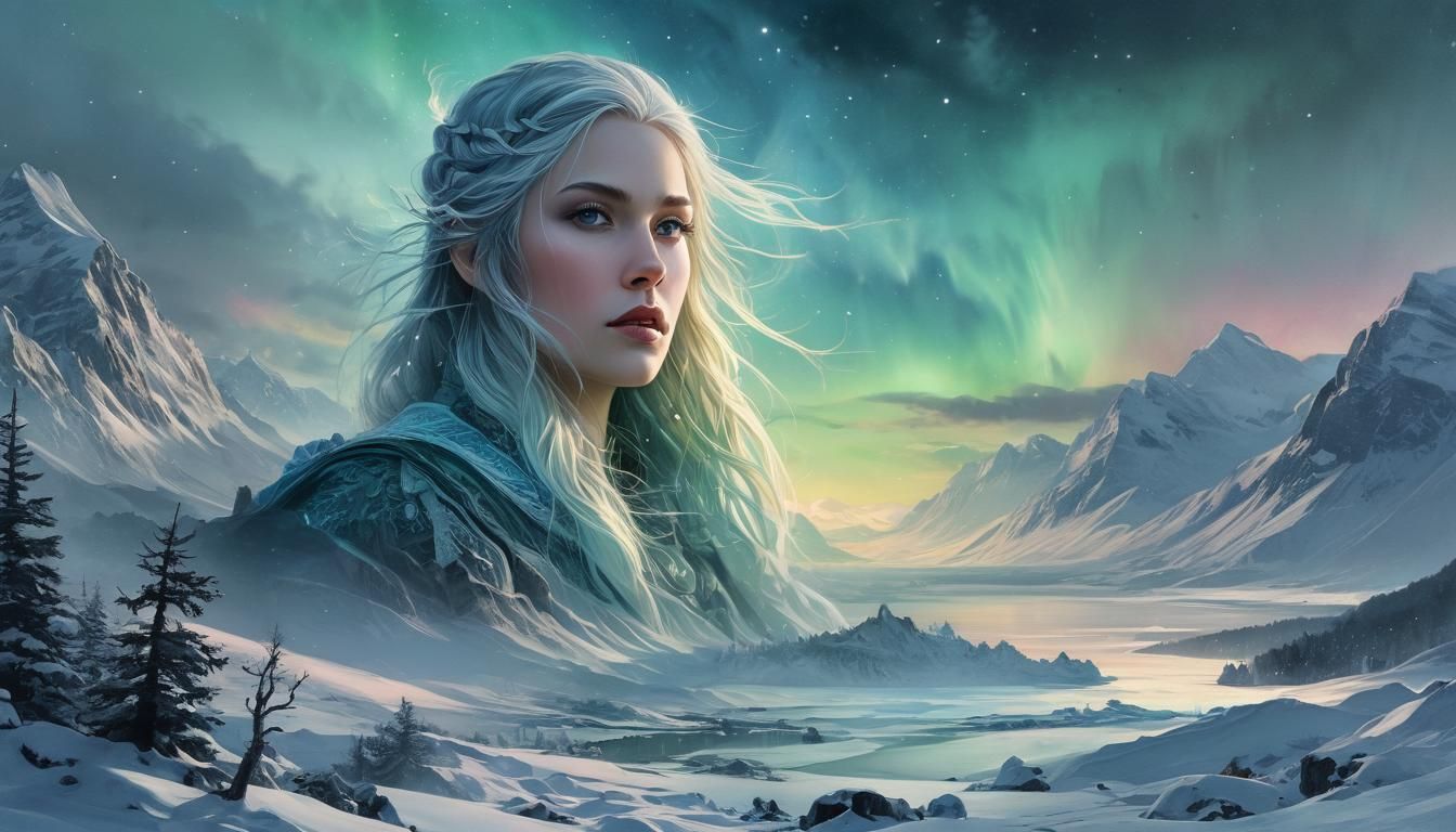Ethereal Viking Winter in Vibrant Digital Watercolor