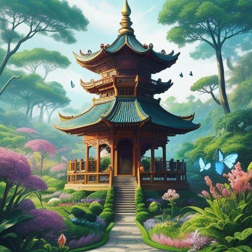 Dreamlike Ivory Pagoda with Butterflies in Surreal Landscape