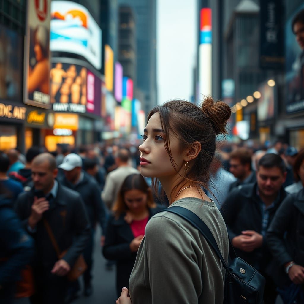 Urban Woman Lost in Thought Amidst the Bustling City