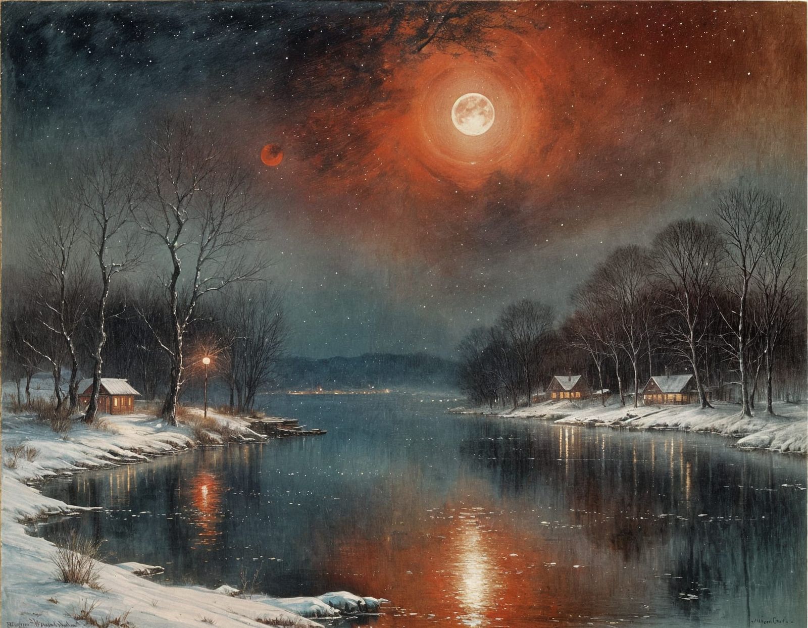 Romantic Winter Moonlit Lake Scene in Dramatic Style