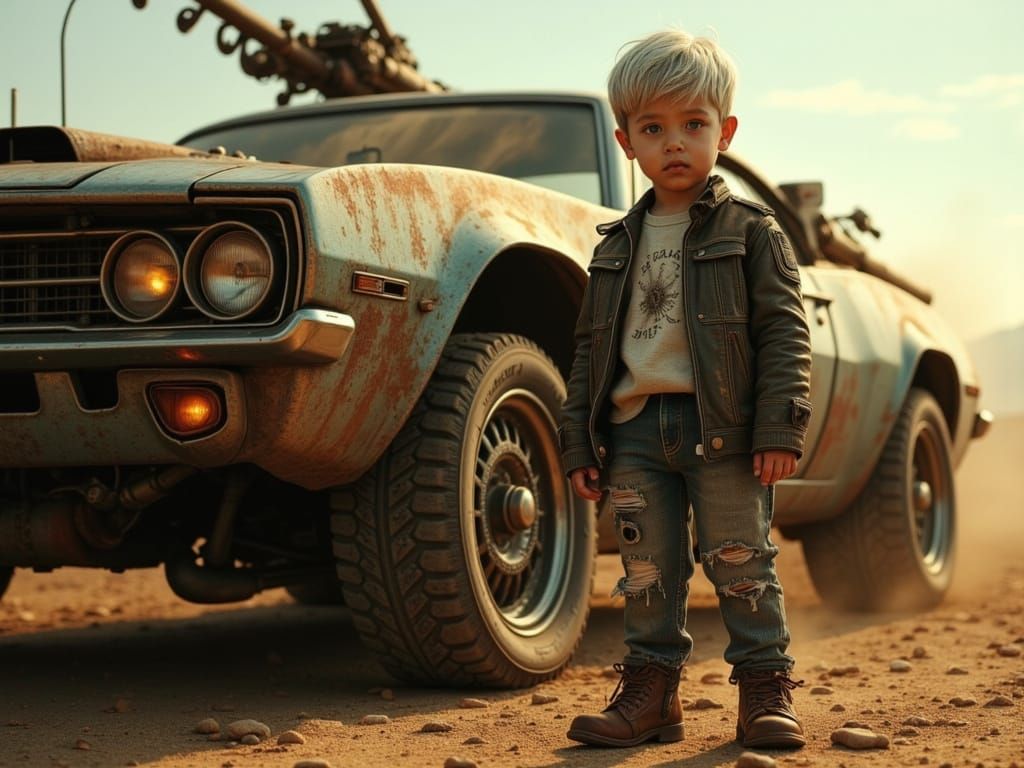 Cyborg Child with Futuristic Vehicle in Golden Light