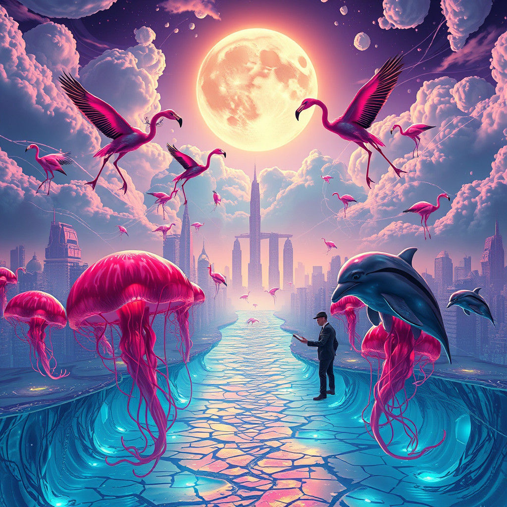 Neon Flamingos in Liquid Mercury Sky: Surreal Scene