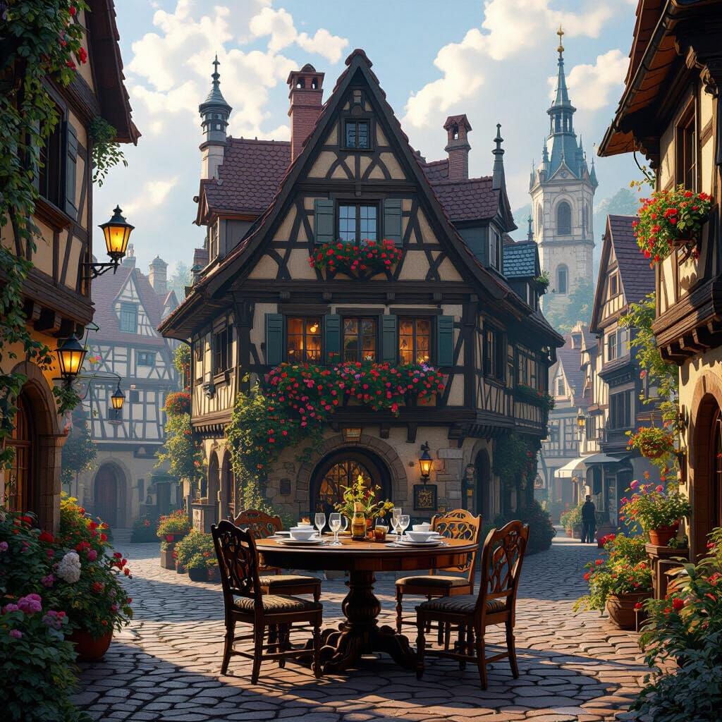 German House with Flowers in Matte Painting Style