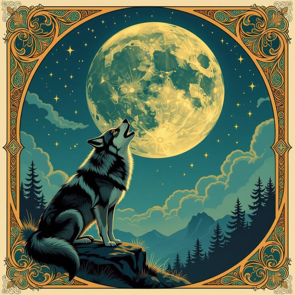 Wolf Howls Under Dim Crescent Moon in Art Nouveau Style