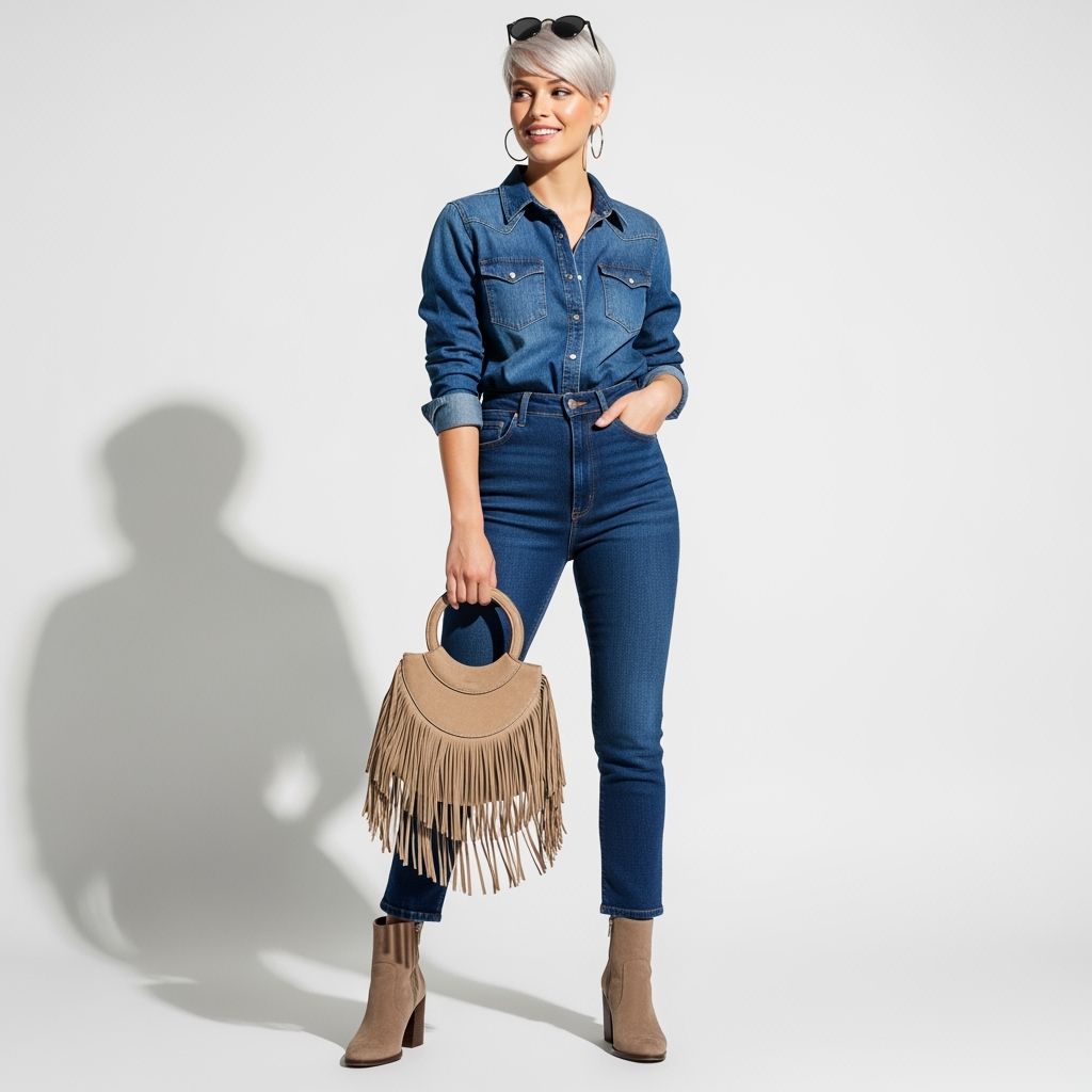 Happy Woman in Studio Chic Outfit with Boho Western Style