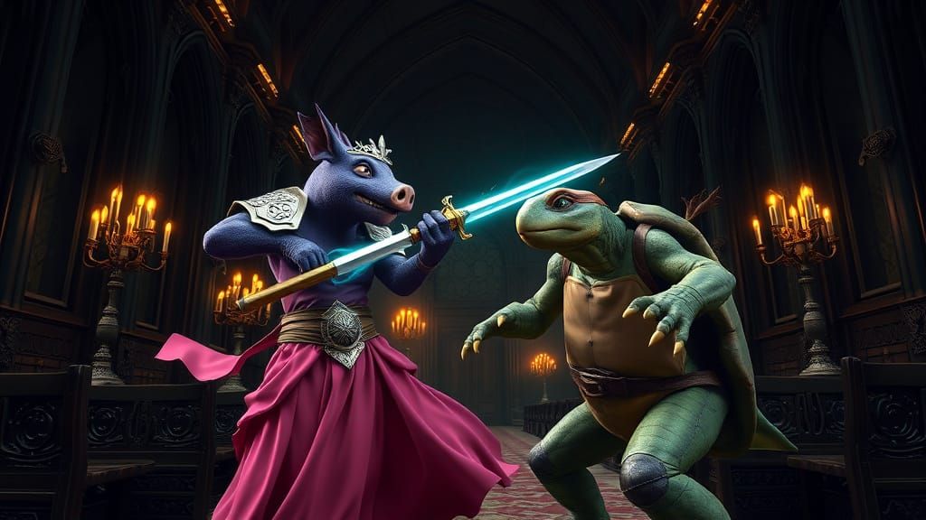 Epic Fantasy Battle in a Gothic Hall