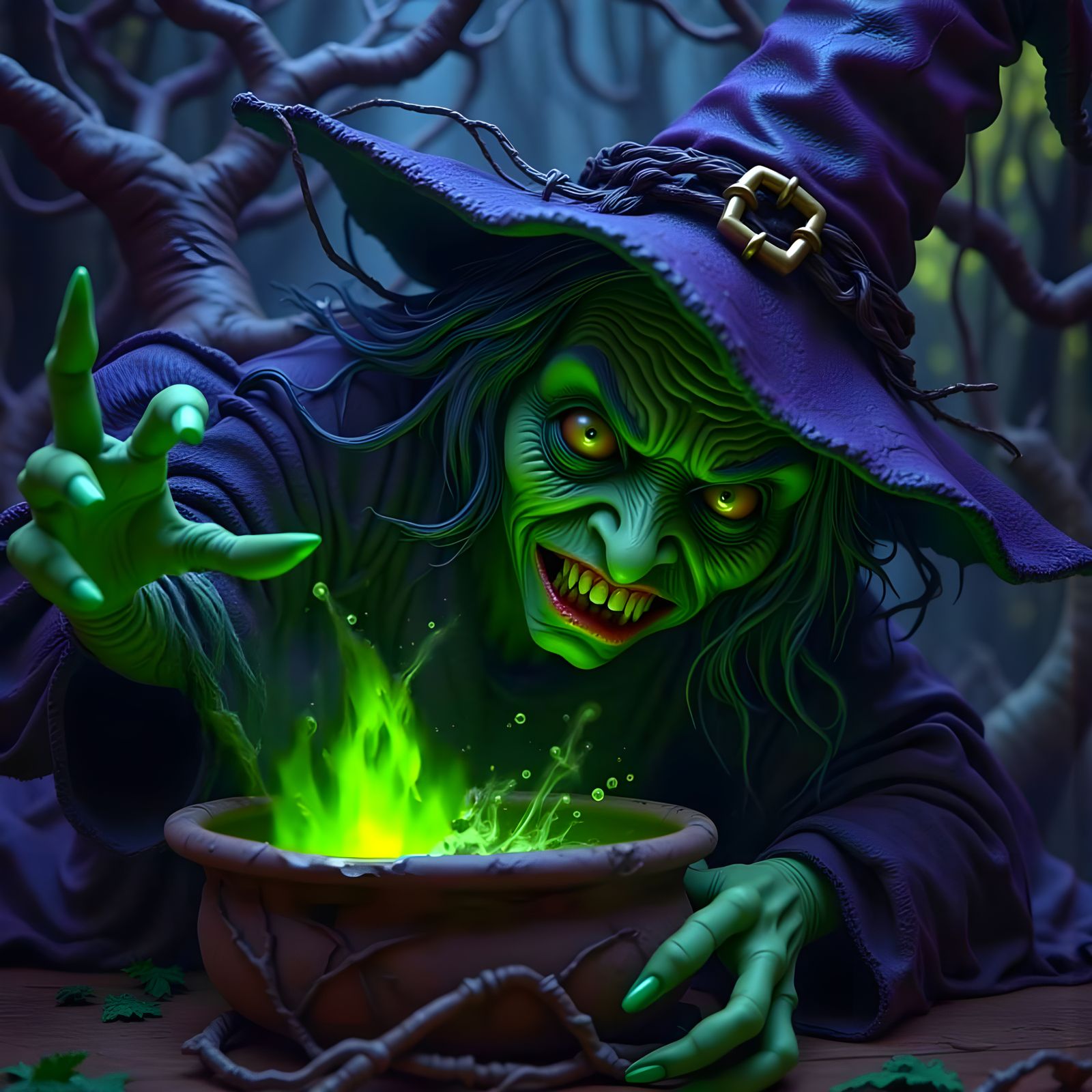 Wicked Witch Brewing Potions in Dark Fantasy Style